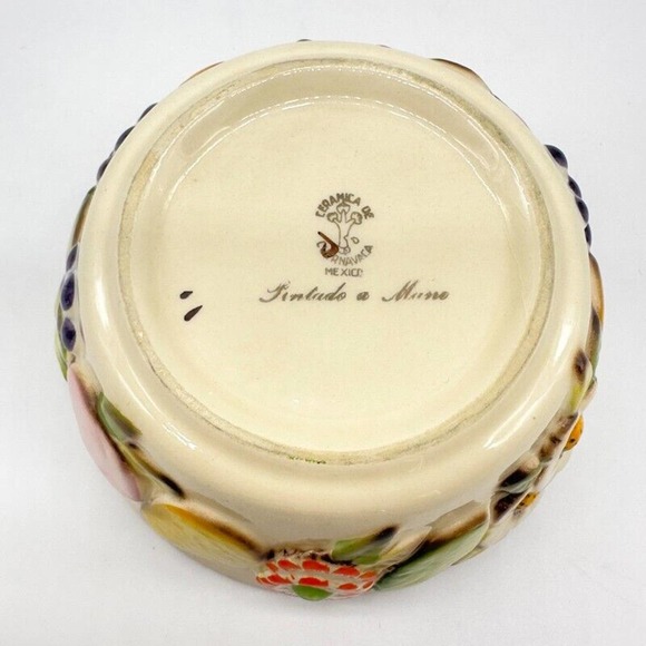 Vintage Cuernavaca Bowl Mexican Hand Painted Embossed Flowers And Fruits Ceramic - Picture 7 of 11